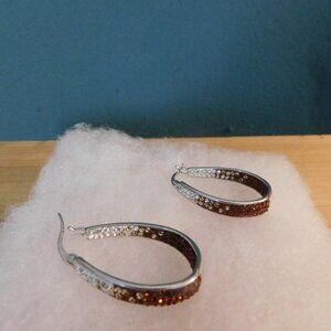 Ladies Silver Tone Orange Crystal Ombre Inside Out Oval Hoop Earrings